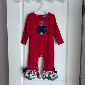 RicRac & Ruffles Red Christmas Ornament Ruffle Romper – Holiday Outfit – GUC 24M